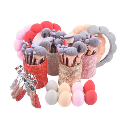 23-Piece Luxury Makeup Brush Gift Set with Crystal Brushes, Headband, Curler, Holder & Sponge