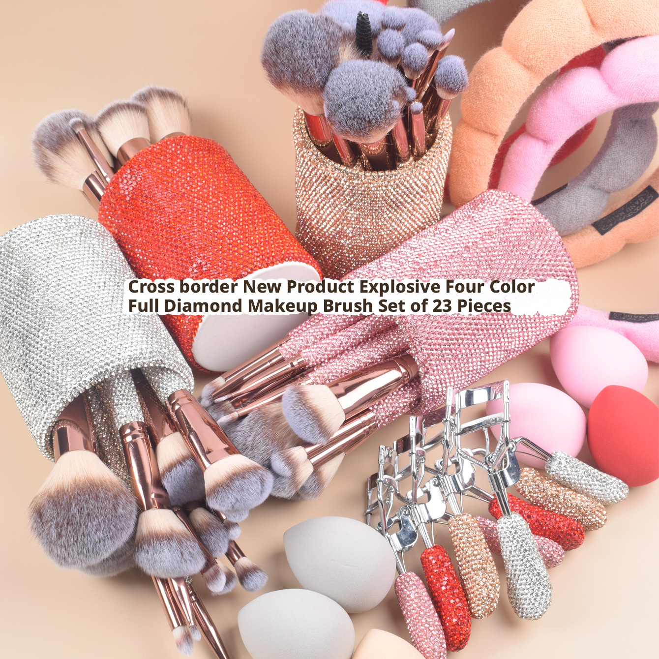 23-Piece Luxury Makeup Brush Gift Set with Crystal Brushes, Headband, Curler, Holder & Sponge