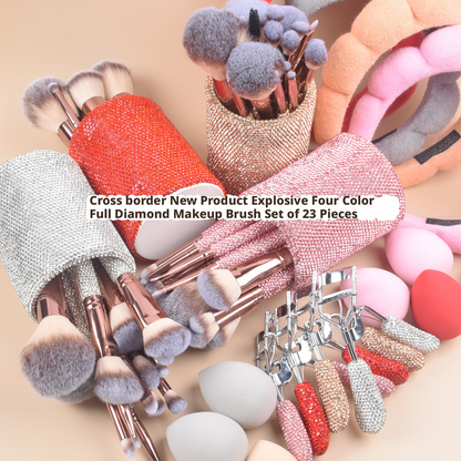 23-Piece Luxury Makeup Brush Gift Set with Crystal Brushes, Headband, Curler, Holder & Sponge