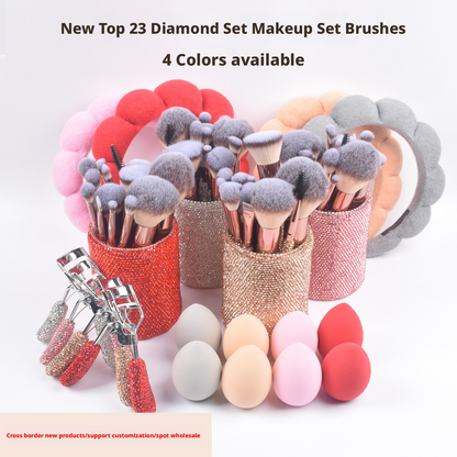 23-Piece Luxury Makeup Brush Gift Set with Crystal Brushes, Headband, Curler, Holder & Sponge