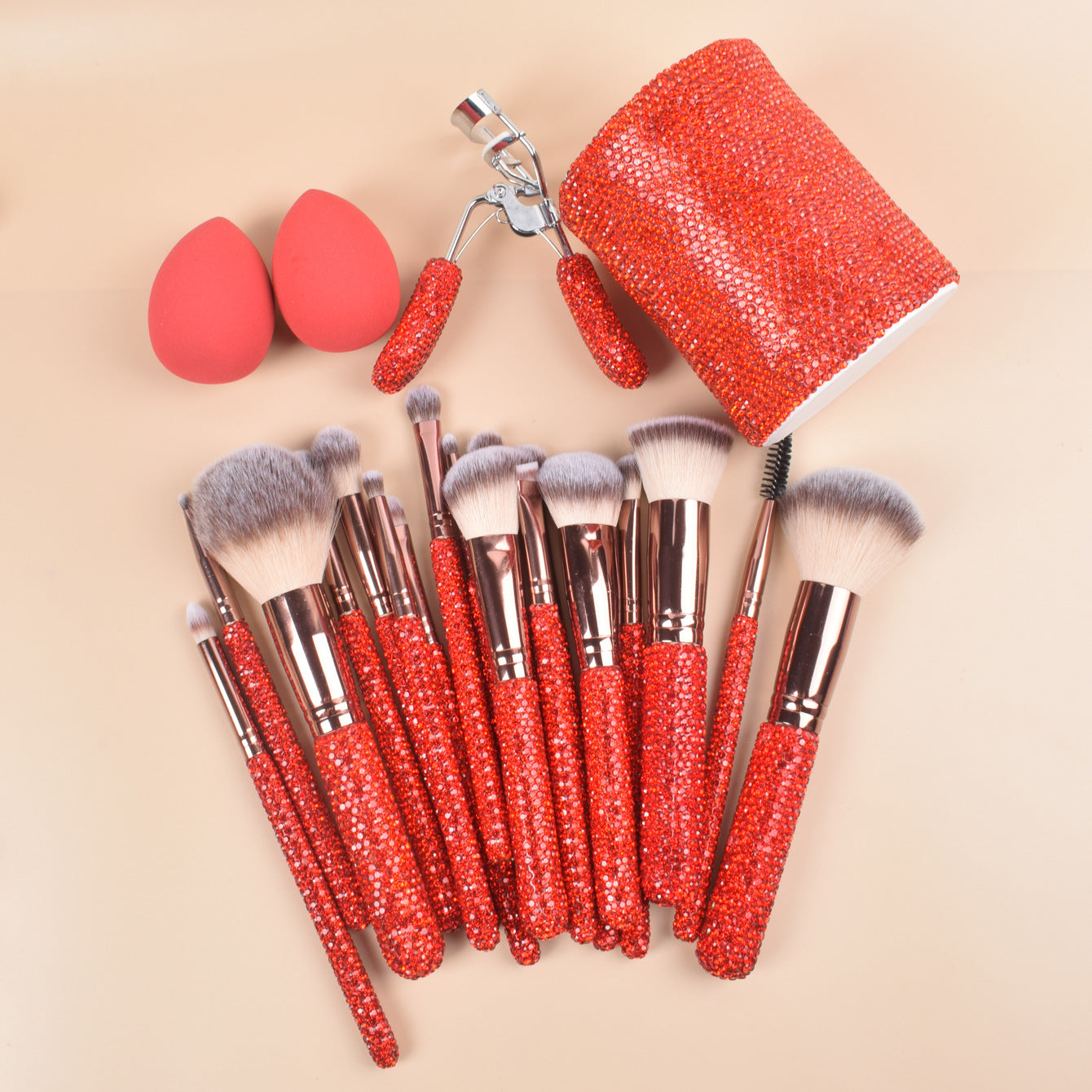 32-Piece Luxury Crystal Makeup Brush Gift Set with Headband, Hair Clips, Lash Comb & Storage Cup