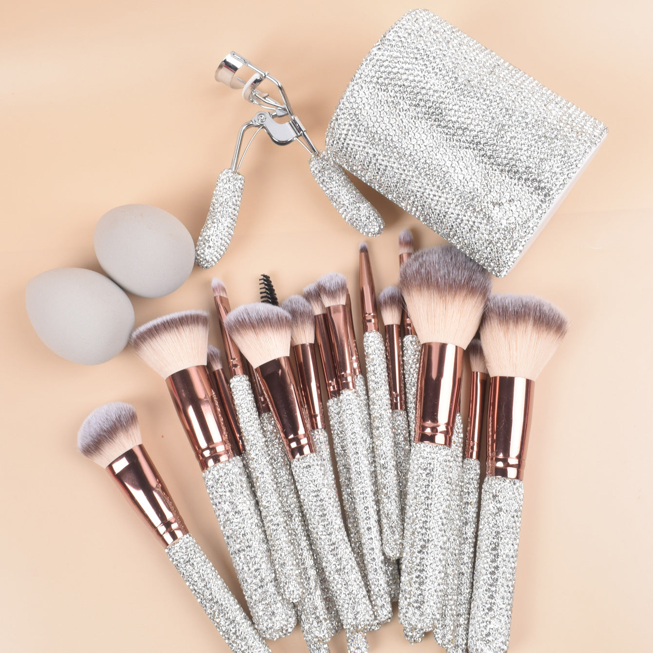 32-Piece Luxury Crystal Makeup Brush Gift Set with Headband, Hair Clips, Lash Comb & Storage Cup