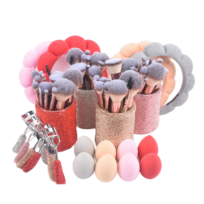32-Piece Luxury Crystal Makeup Brush Gift Set with Headband, Hair Clips, Lash Comb & Storage Cup