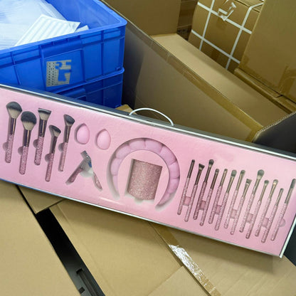 23-Piece Luxury Makeup Brush Gift Set with Crystal Brushes, Headband, Curler, Holder & Sponge