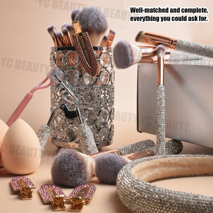 32-Piece Luxury Crystal Makeup Brush Gift Set with Headband, Hair Clips, Lash Comb & Storage Cup