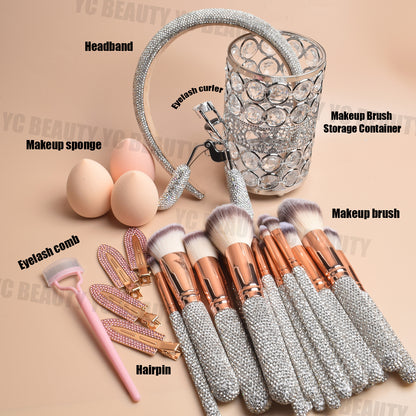 32-Piece Luxury Crystal Makeup Brush Gift Set with Headband, Hair Clips, Lash Comb & Storage Cup