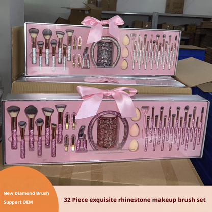 32-Piece Luxury Crystal Makeup Brush Gift Set with Headband, Hair Clips, Lash Comb & Storage Cup