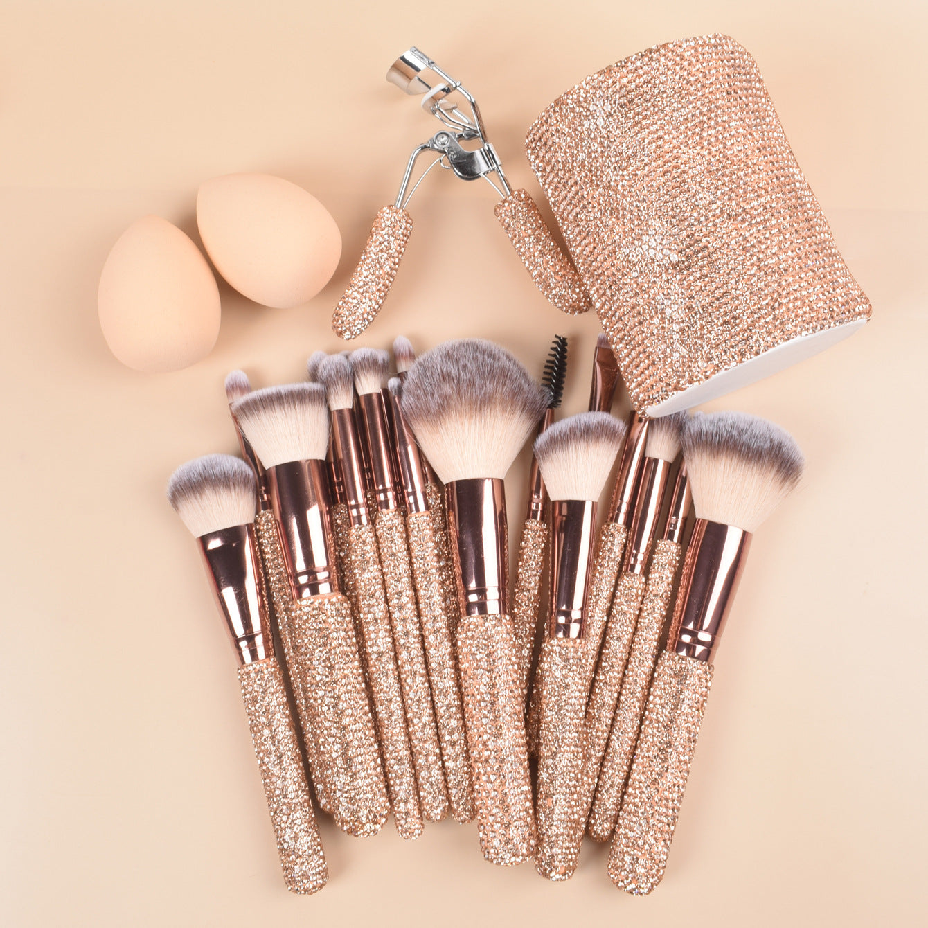 23-Piece Luxury Makeup Brush Gift Set with Crystal Brushes, Headband, Curler, Holder & Sponge