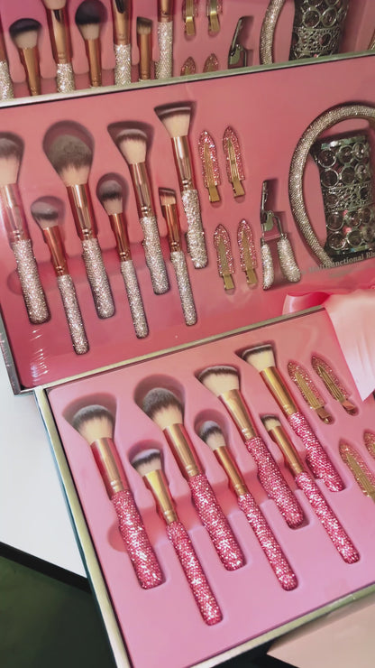 32-Piece Luxury Crystal Makeup Brush Gift Set with Headband, Hair Clips, Lash Comb & Storage Cup